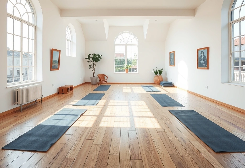 A bright and spacious yoga room with large windows and wooden floors, ready for a class.