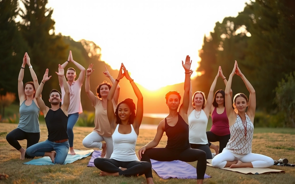 A diverse group of people practicing yoga outdoors at sunset, symbolizing harmony and connection.
