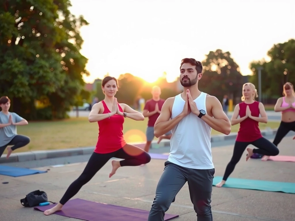 Group practicing gentle Hatha yoga outdoors
