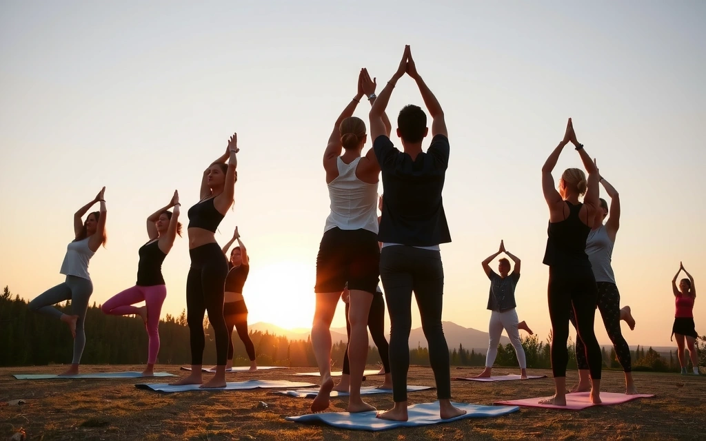 A group of people practicing yoga outdoors in a beautiful, natural setting during sunset, emphasizing community and tranquility.