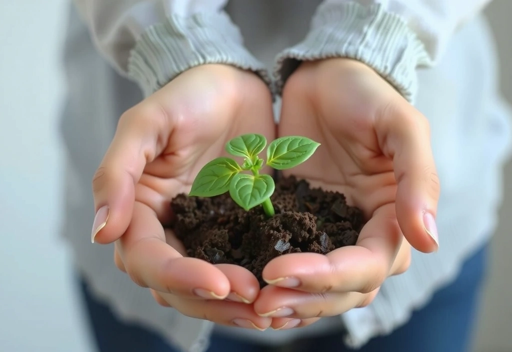 A close-up of hands gently holding a small plant, symbolizing growth