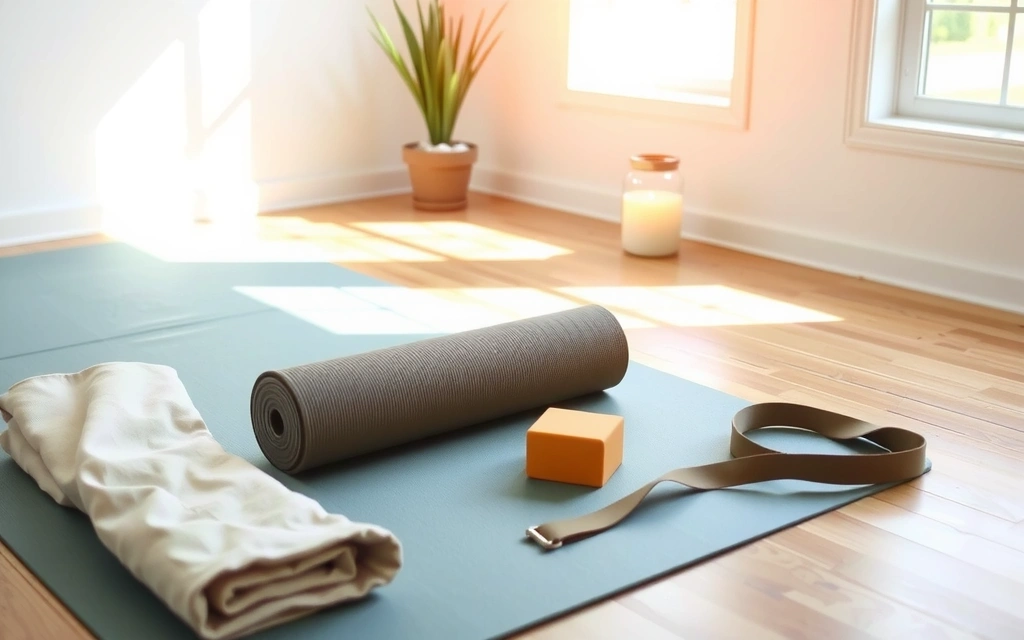 A well-organized home yoga space with a mat, props, and natural light