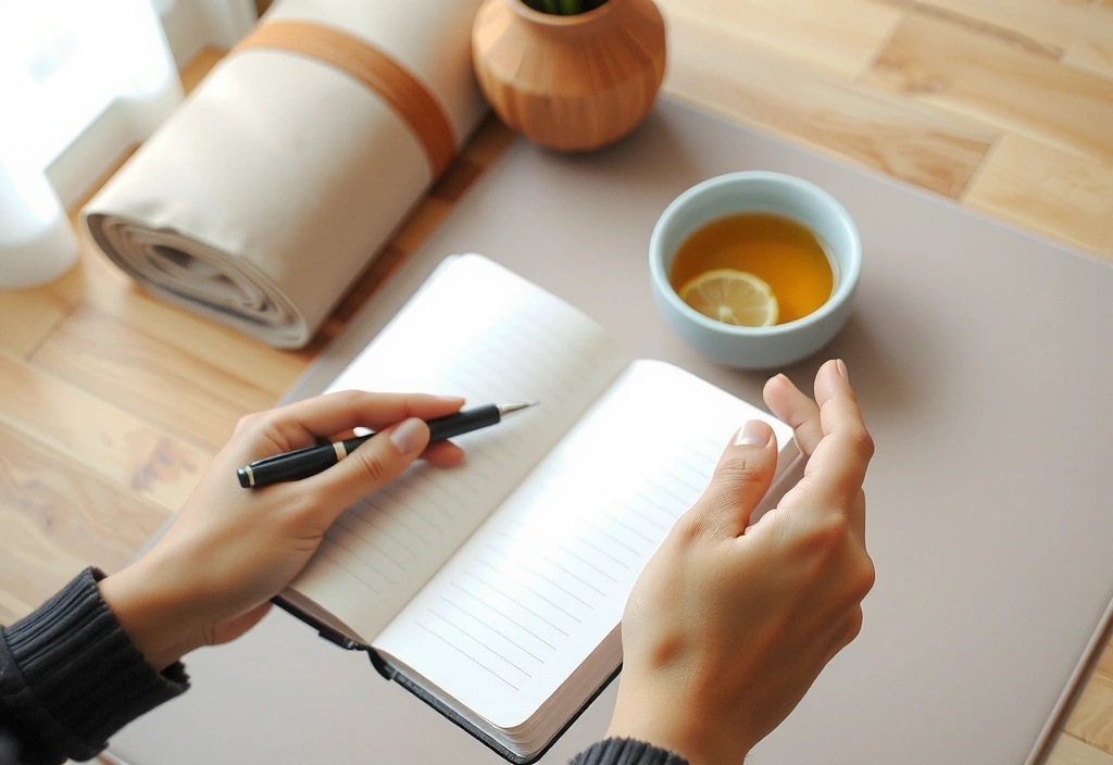 Person journaling next to a yoga mat