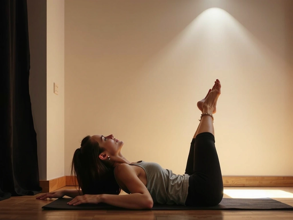 A person in a deep, restorative Yin yoga pose, supported by props, in a dimly lit, peaceful setting.